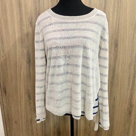 Eileen Fisher Linen Blend Layered Asymmetrical Hem Striped Sweater - Picture 1 of 9